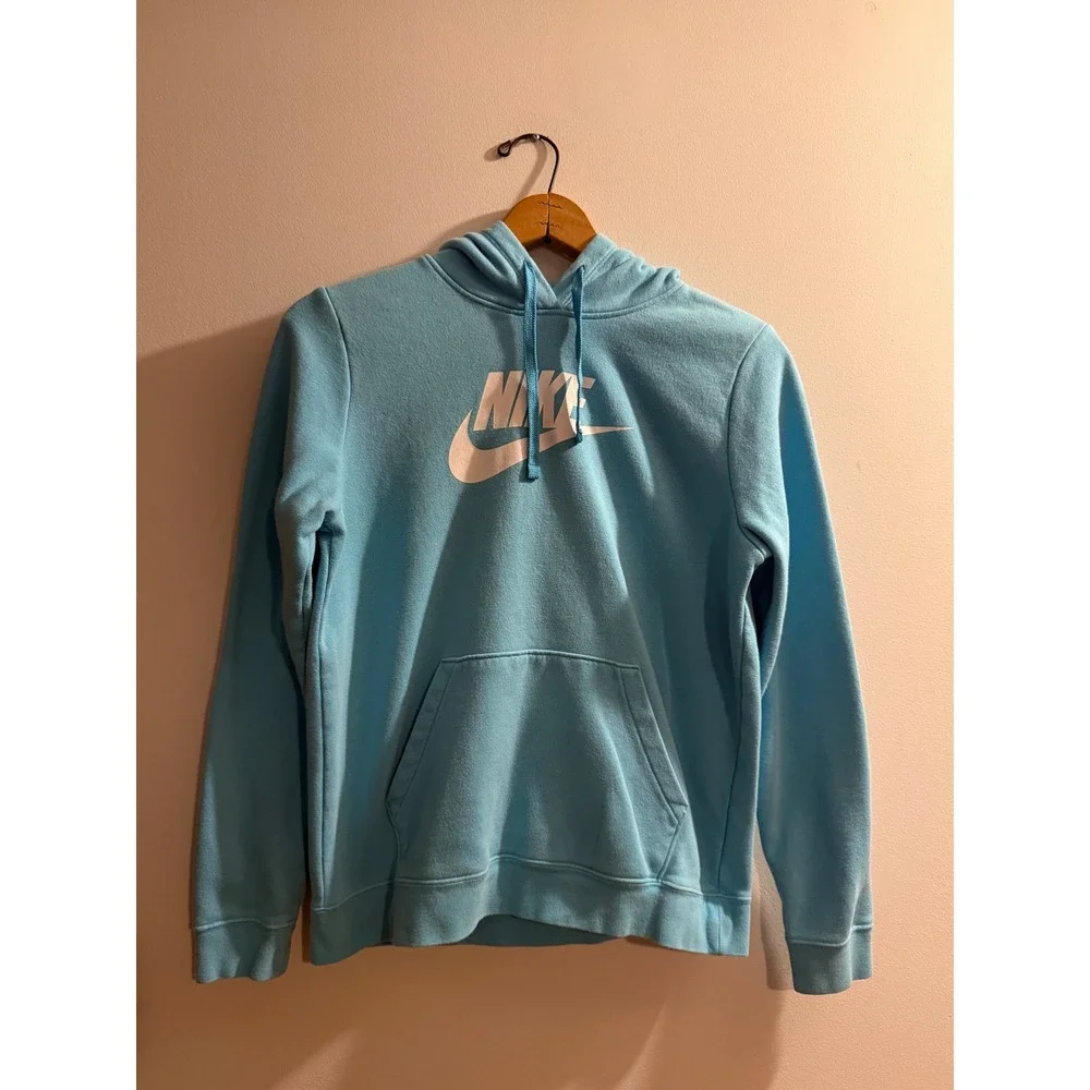 Nike Sportswear Essential Hoodie Light Blue Futura Logo Fleece Pullover Mens M
